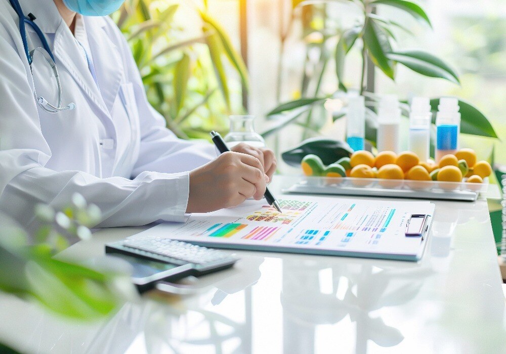 Doctor looking at results on clipboard