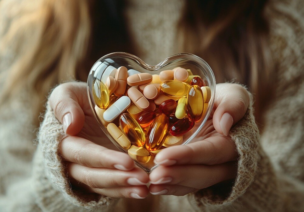 Woman holding heart shaped container with vitamins inside