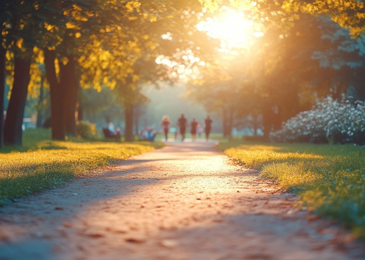 Running path with trees around and sun peaking through trees